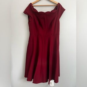 ModCloth Off Shoulder Maroon Burgundy Wine Lined Scalloped Midi Dress Plus 2X